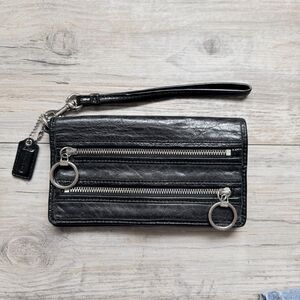 Coach Poppy Black Leather Double Zip Wristlet Wallet ID Card Holder Y2K